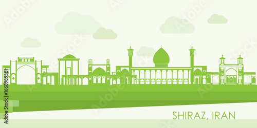Green Skyline panorama of city of Shiraz, Iran - vector illustration