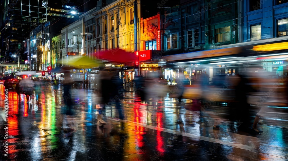 Fototapeta premium Colorful reflections on wet asphalt of a busy Melbourne city street by night with blurred people walking and a tram passing by