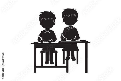 Two students sitting at desks writing in a classroom