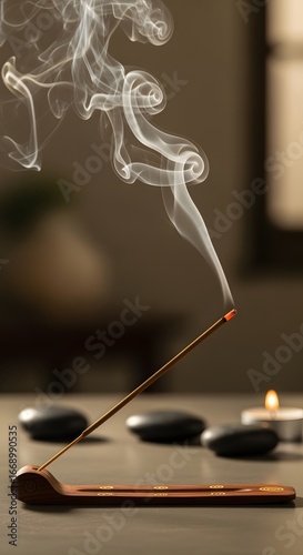 Aromatic incense stick burning with smoke, creating a peaceful atmosphere