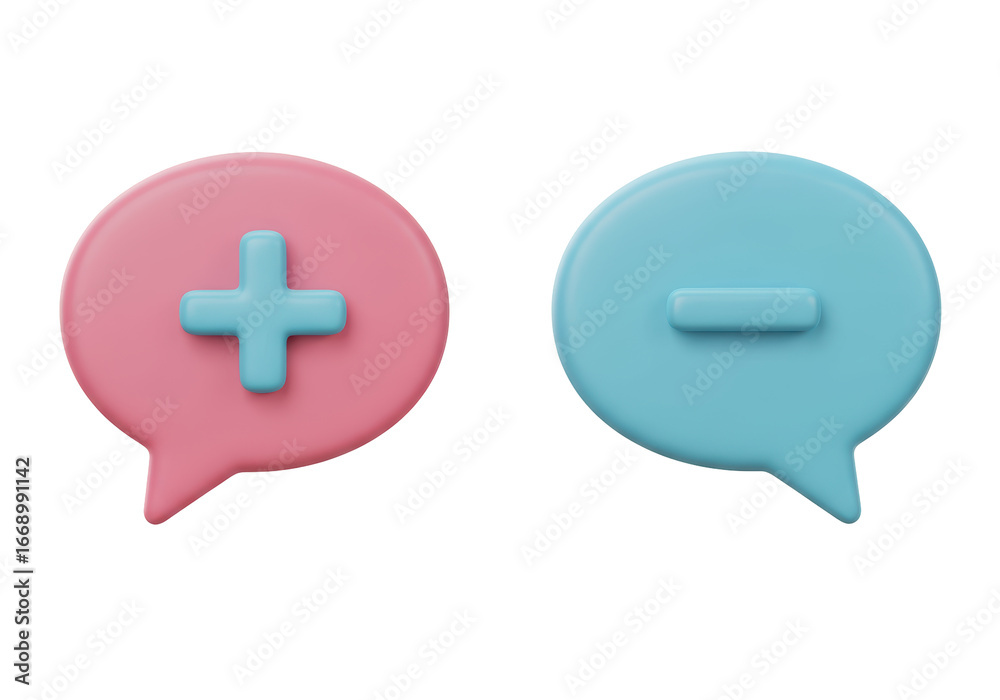 Obraz premium Isolated depiction of 3D rendering of pink speech bubble with plus sign and blue speech bubble with minus sign representing add and subtract concepts.