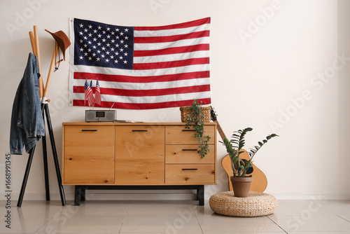 USA flag and wooden chest o...