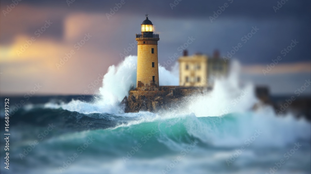 Obraz premium Waves crash near a lighthouse during a stormy evening at the coast