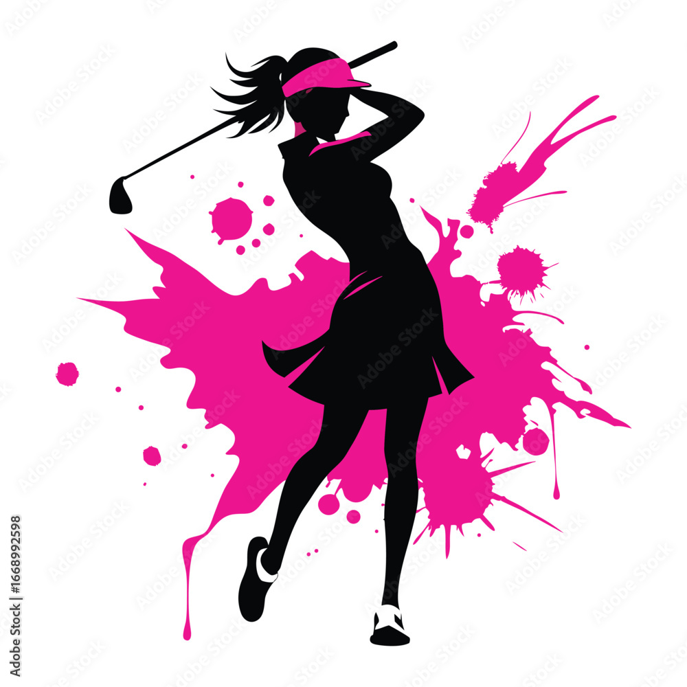 Dynamic silhouette of a female golfer swinging a club amidst vibrant pink paint splatters and abstract artistic splashes Dynamic silhouette of a female golfer swinging a club amidst vibrant pink paint splatters and abstract artistic splashes