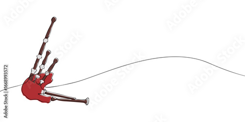 Minimalist line drawing with color accents of bagpipes. Traditional wind musical instrument illustration for folk music, cultural events, and performance design concepts.