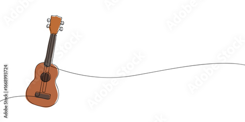 Minimalist continuous line drawing of ukulele. Black outline vector illustration for music, instrument, performance, entertainment, and artistic design concepts.