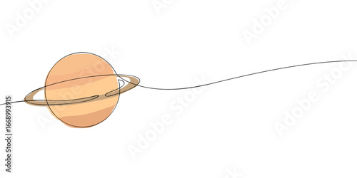 Minimalist continuous line drawing of planet with rings. Black outline vector illustration of Saturn for astronomy, science, space, universe, and cosmic design concepts.
