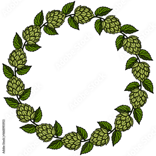 Elegant vector wreath design featuring a circular arrangement of meticulously detailed hops vines and leaves, perfect for brewery branding or botanical illustrations.