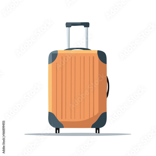 Rolling luggage illustration in orange color. Travel bag with a handle isolated on white.