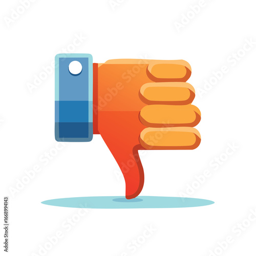 Orange thumbs down icon with blue cuff and shadow graphic