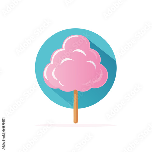 Sweet pink cotton candy fluff on a stick icon in a blue circle flat design