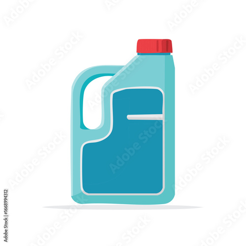 Illustration of blue plastic canister with handle and red cap for liquid substances