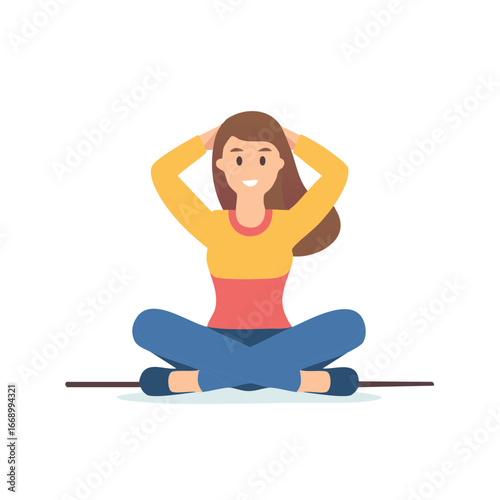 Happy woman in casual clothes sitting cross legged with hands behind head