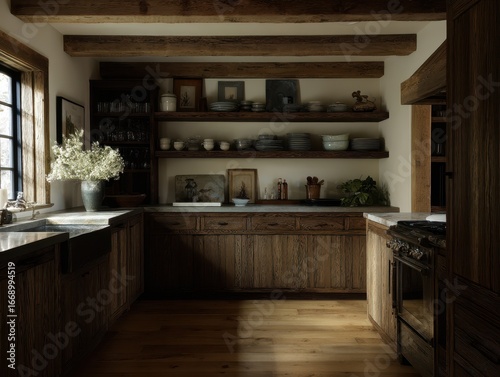 A rustic, well-lit kitchen ...