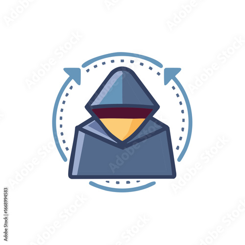 Hacker Character Cloaked Figure Surrounded by Arrows for Concept of Security and Data Privacy