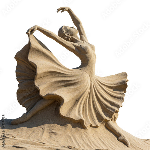 Sand sculpture of ballerina in motion isolated on transparent background, fine grain texture, soft natural light, perfect for creative projects, design or advertising