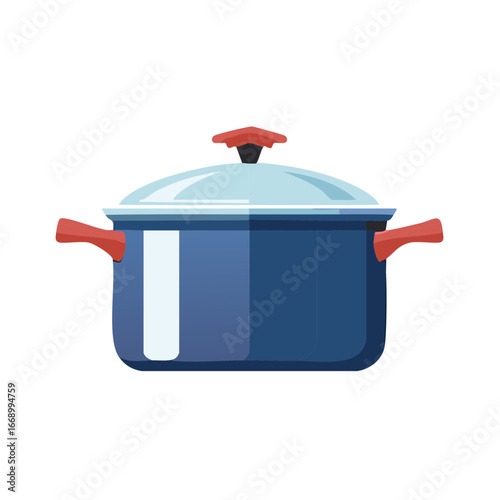 Illustration of a large blue cooking pot with a glass lid and red handles for culinary creations