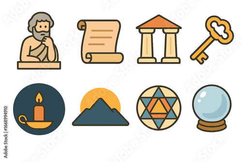 Ancient Wisdom Icons. Flat vector mini-illustrations ancient wisdom in colors children's illustrations: philosopher statue,
