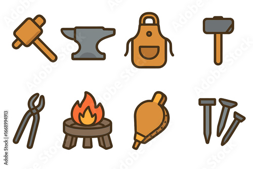 Ancient Smithy Tools. Flat vector mini-illustrations ancient smithy tools in colors children's illustrations: wooden mallet, stone