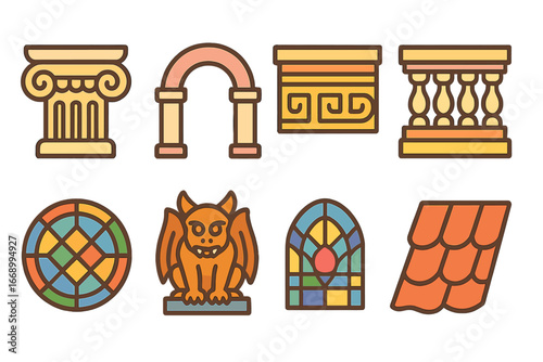 Architectural Elements Icons. Flat vector mini-illustrations architectural ornament in colors children's illustrations: column