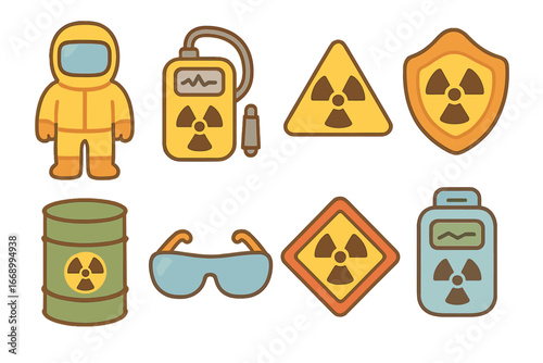 Atomic Safety Icons. Flat vector mini-illustrations atomic safety in colors children's illustrations: radiation suit, Geiger