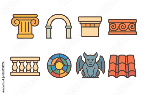 Architectural Elements Icons. Flat vector mini-illustrations architectural ornament in colors children's illustrations: column
