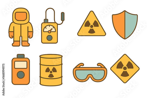 Atomic Safety Icons. Flat vector mini-illustrations atomic safety in colors children's illustrations: radiation suit, Geiger