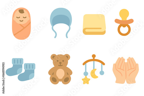 Baby Essentials Icons. Flat vector mini-illustrations baby snuggle in colors children's illustrations: swaddle wrap, baby bonnet,