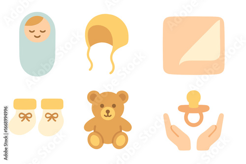 Baby Essentials Icons. Flat vector mini-illustrations baby snuggle in colors children's illustrations: swaddle wrap, baby bonnet,