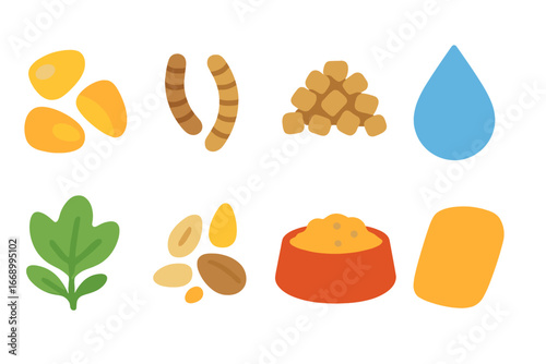 Chick Food Icons. Flat vector mini-illustrations chick food in colors children's illustrations: corn kernels, mealworms, chick