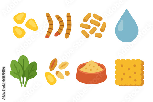 Chick Food Icons. Flat vector mini-illustrations chick food in colors children's illustrations: corn kernels, mealworms, chick