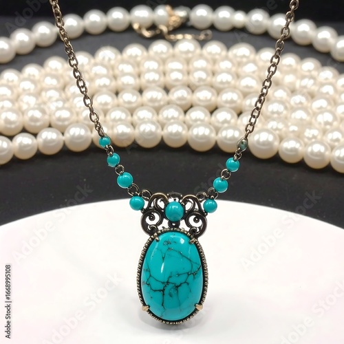 Turquoise pendant necklace with beaded chain