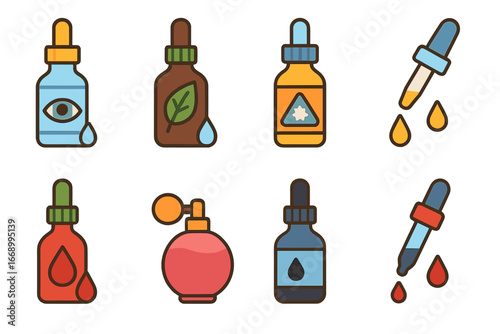 Child-Friendly Dropper Icons. Flat vector mini-illustrations dropper household use in colors children's illustrations: eye drops,