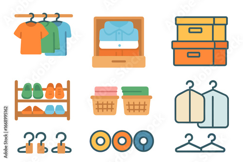 Child's Neat Closet Icons. Flat vector mini-illustrations wrinkle-free closet organization in colors children's illustrations: