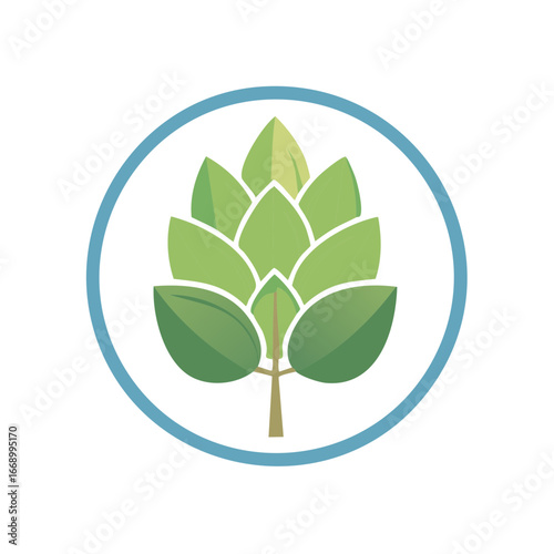Stylized Green Leaves Icon in Round Blue Frame Organic Nature Symbol