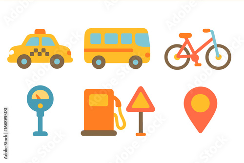 Child's Transport Icons. Flat vector mini-illustrations transportation service in colors children's illustrations: taxi, bus,