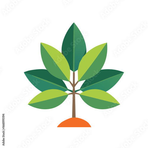 Stylized young tree with vibrant green foliage and a sturdy brown trunk rooted in orange soil flat design, nature illustration