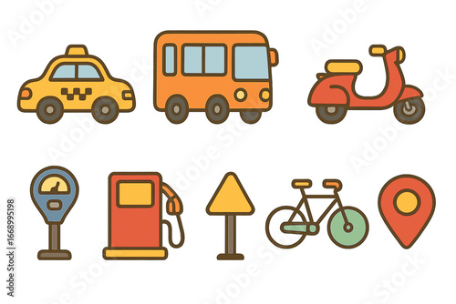 Child's Transport Icons. Flat vector mini-illustrations transportation service in colors children's illustrations: taxi, bus,