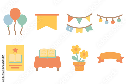 Children's Book Fair Icons. Flat vector mini-illustrations book fair decorations in colors children's illustrations: balloons,