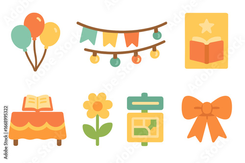 Children's Book Fair Icons. Flat vector mini-illustrations book fair decorations in colors children's illustrations: balloons,