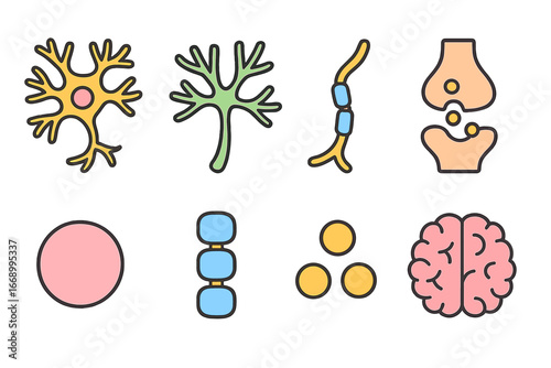 Children's Brain Cell Grid. Flat vector mini-illustrations nerve cell in colors children's illustrations: neuron, dendrites, axon,