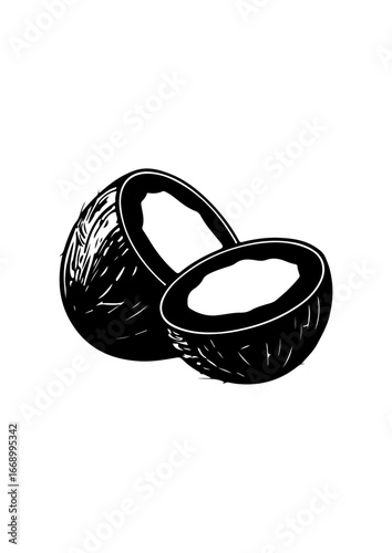 Black and White Illustration of a Halved Coconut