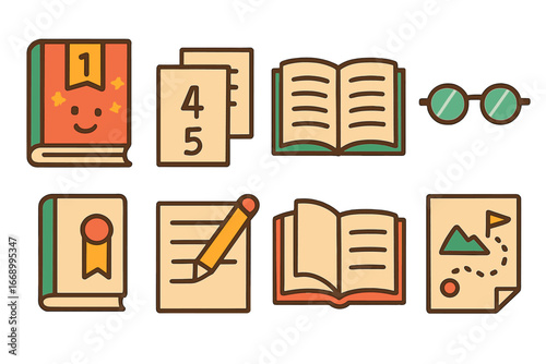 Children's Book Icons. Flat vector mini-illustrations novel chapters in colors children's illustrations: chapter book, numbered