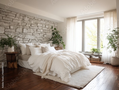 A bright, airy bedroom boasts a stone accent wall, crisp white bedding, and abundant natural light.