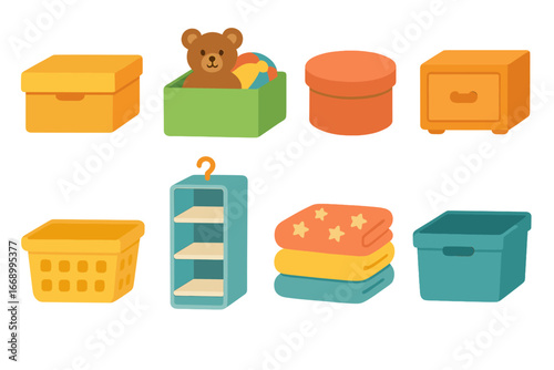 Children's Closet Storage Icons. Flat vector mini-illustrations closet storage boxes in colors children's illustrations: shoe box,