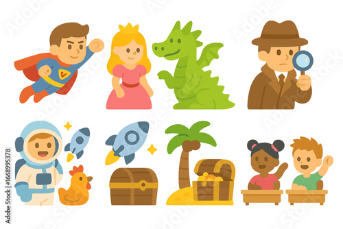 Children's Comic Icons. Flat vector mini-illustrations comic genre in colors children's illustrations: superhero, fantasy, sci-fi,