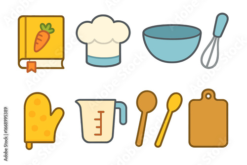 Children's Cooking and Comics. Flat vector mini-illustrations cooking guides in colors children's illustrations: recipe book, chef