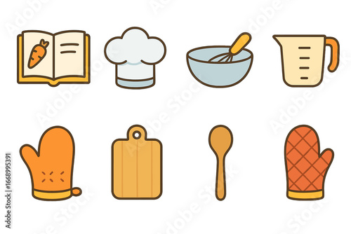 Children's Cooking and Comics. Flat vector mini-illustrations cooking guides in colors children's illustrations: recipe book, chef