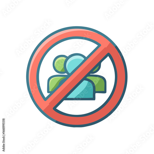Stylized prohibition sign with group of people icons crossed out in red