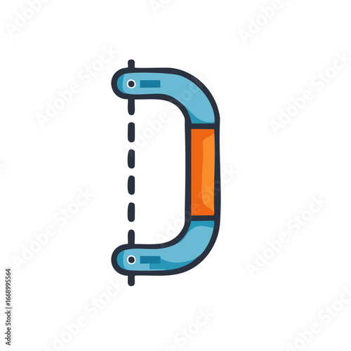 Blue and orange carabiner clip with dotted line detail for climbing